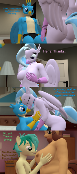Size: 1920x4320 | Tagged: questionable, artist:papadragon69, derpibooru import, gallus, sandbar, silverstream, yona, ponified, anthro, pony, she's all yak, 3d, ass, bbw, belly button, breast grab, breasts, briefs, busty silverstream, busty yona, butt, clothed male nude female, clothes, comic, fat, fat yona, female, gallstream, grope, image, imminent sex, male, nipples, nudity, partial nudity, png, pony yona, shipping, source filmmaker, species swap, straight, streambutt, topless, underwear, yonabar