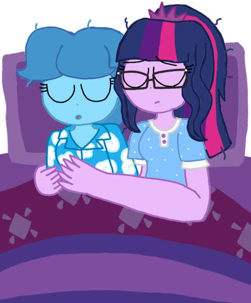 Size: 1080x1304 | Tagged: safe, artist:徐詩珮, derpibooru import, sci-twi, spring rain, twilight sparkle, equestria girls, bed, clothes, equestria girls-ified, female, glasses, lesbian, male, pajamas, sci-springlight, shipping, simple background, sleeping, springlight, straight, transparent background