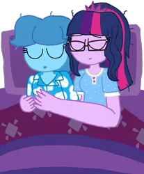 Size: 1080x1304 | Tagged: safe, artist:徐詩珮, derpibooru import, sci-twi, spring rain, twilight sparkle, equestria girls, bed, clothes, equestria girls-ified, female, glasses, lesbian, male, pajamas, sci-springlight, shipping, simple background, sleeping, springlight, straight, transparent background