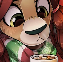 Size: 1021x995 | Tagged: :<, artist:trickate, cheek fluff, chocolate, close-up, clothes, curious, cute, derpibooru import, female, food, frown, head tilt, hot chocolate, looking at something, marshmallow, mug, safe, scarf, solo, steam, yak, yona, yonadorable