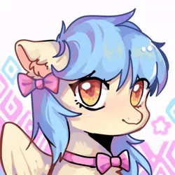 Size: 640x640 | Tagged: artist needed, safe, derpibooru import, oc, oc:左岸, unofficial characters only, pegasus, pony, abstract background, bow, bowtie, bust, chinese text, commission, cute, female, hair bow, looking at you, mare, portrait, simple background, smiling, smiling at you, solo