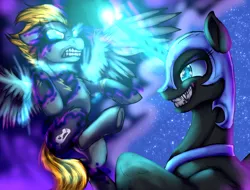 Size: 1500x1142 | Tagged: safe, artist:not-ordinary-pony, derpibooru import, nightmare moon, oc, oc:blaze (shadowbolt), pony, abstract background, clothes, commission, costume, duo, evil grin, glowing eyes, glowing horn, grin, horn, shadowbolts, shadowbolts costume, simple background, smiling, transformation