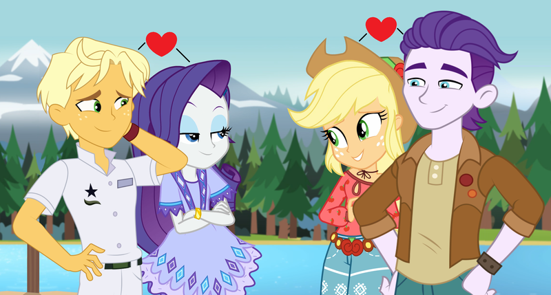 Size: 2300x1232 | Tagged: safe, artist:maretrick, artist:themexicanpunisher, derpibooru import, edit, applejack, dirk thistleweed, ragamuffin (equestria girls), rarity, equestria girls, legend of everfree, appledirk, double date, female, male, rarimuffin, shipping, straight