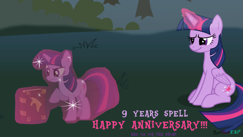 Size: 1920x1080 | Tagged: safe, artist:raindashesp, derpibooru import, twilight sparkle, twilight sparkle (alicorn), alicorn, pony, unicorn, book, glowing horn, happy birthday mlp:fim, horn, magic, mlp fim's ninth anniversary, unicorn twilight