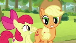 Size: 1920x1080 | Tagged: safe, derpibooru import, screencap, apple bloom, applejack, earth pony, pony, going to seed, adorabloom, apple bloom's bow, applejack's hat, bow, cowboy hat, cute, duo, duo female, female, filly, hair bow, hat, jackabetes, mare, smiling