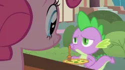 Size: 1280x720 | Tagged: safe, derpibooru import, screencap, pinkie pie, spike, dragon, earth pony, pony, owl's well that ends well, female, food, fork, male, mare, pastry, quiche