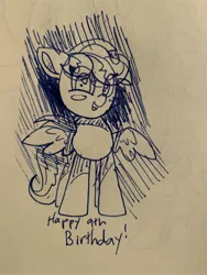 Size: 3024x4032 | Tagged: safe, artist:ostrich farts, derpibooru import, scootaloo, pony, anniversary, cute, happy birthday mlp:fim, looking at you, mlp fim's ninth anniversary, older, older scootaloo, scootalove, sketch, solo, spread wings, traditional art, wings
