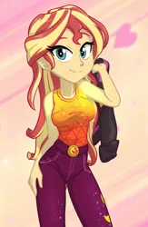 Size: 520x800 | Tagged: safe, artist:ta-na, derpibooru import, sunset shimmer, equestria girls, equestria girls series, sunset's backstage pass!, spoiler:eqg series (season 2), clothes, cute, female, jacket, shimmerbetes, sleeveless, sliding background, smiling, smiling at you, solo