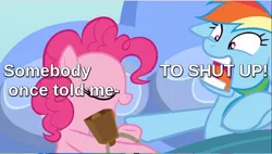 Size: 800x455 | Tagged: safe, derpibooru import, edit, edited screencap, screencap, pinkie pie, rainbow dash, pony, secrets and pies, all star (song), angry, annoying, bed, bell, cowbell, eyes closed, meme, somebody once told me