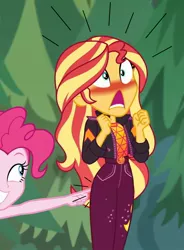 Size: 795x1080 | Tagged: suggestive, artist:the_real_me, deleted from derpibooru, derpibooru import, edit, edited screencap, screencap, pinkie pie, sunset shimmer, equestria girls, equestria girls series, sunset's backstage pass!, spoiler:eqg series (season 2), bad touch, blushing, butt poking, cropped, inverted mouth, kancho, personal space invasion, surprised