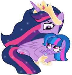 Size: 1033x1080 | Tagged: safe, artist:徐詩珮, derpibooru import, princess twilight 2.0, twilight sparkle, twilight sparkle (alicorn), oc, oc:sparkle rain, alicorn, pony, unicorn, the last problem, baby, baby pony, base used, crown, female, filly, jewelry, magical lesbian spawn, mama twilight, mare, mother and child, mother and daughter, next generation, offspring, parent:spring rain, parent:twilight sparkle, parents:springlight, regalia, simple background, transparent background
