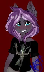 Size: 540x884 | Tagged: safe, artist:diethtwoo, derpibooru import, oc, oc:luscious dreams, alien, anthro, pegasus, xenomorph, alien (franchise), anthro oc, blue eyes, blushing, clothes, female, grin, image, jpeg, purple hair, shirt, smiling, solo