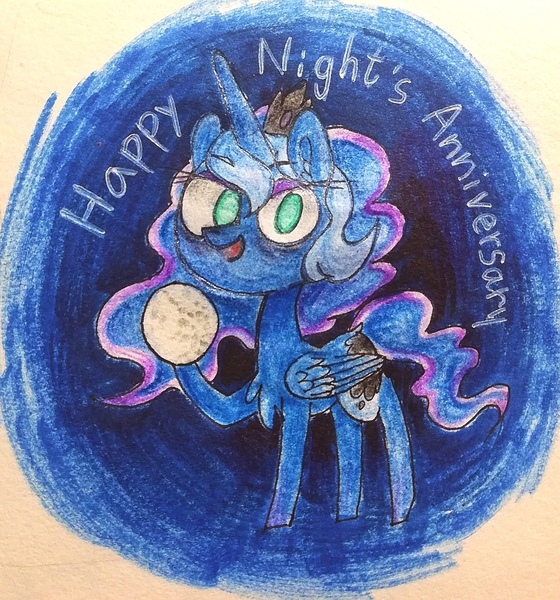 Size: 1460x1563 | Tagged: safe, artist:mkd, derpibooru import, princess luna, alicorn, pony, crown, gradient background, happy birthday mlp:fim, jewelry, meme, mlp fim's ninth anniversary, moon, regalia, smiling