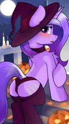 Size: 1500x2700 | Tagged: suggestive, artist:shadowreindeer, derpibooru import, oc, oc:stardust (midnight note), unofficial characters only, pony, unicorn, bell, bell collar, blushing, chest fluff, clothes, collar, commission, dock, halloween, holiday, jack-o-lantern, moon, panties, pumpkin, socks, stockings, thigh highs, underwear, ych result, your character here