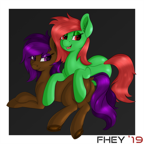 Size: 2000x2000 | Tagged: safe, artist:chrisfhey, derpibooru import, oc, oc:berry mocha, oc:watermelon frenzy, pony, bedroom eyes, brown coat, ear fluff, frog (hoof), green coat, lying, lying down, lying on top of someone, male, purple eyes, purple mane, red eyes, red mane, simple background, trap, underhoof