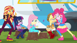 Size: 800x450 | Tagged: safe, derpibooru import, screencap, applejack, fluttershy, pinkie pie, sci-twi, sunset shimmer, twilight sparkle, equestria girls, equestria girls series, sunset's backstage pass!, spoiler:eqg series (season 2), animated, clothes, confused, cute, dress, eating, female, food, gif, hug, pancakes, shoes, sitting, sneakers, spinning, stare, syrup, tree stump, twirl