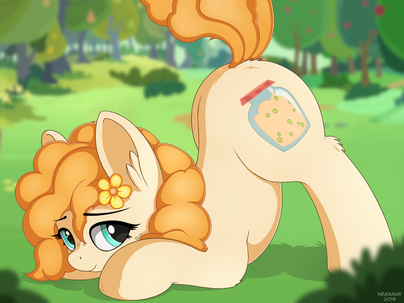 Size: 2732x2048 | Tagged: safe, artist:negasun, derpibooru import, pear butter, earth pony, pony, applejack's mom, cute, cutie mark, face down ass up, female, flower, flower in hair, mare, pearabetes, scenery, solo, swiggity swooty, tree