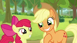 Size: 1280x720 | Tagged: safe, derpibooru import, screencap, apple bloom, applejack, earth pony, pony, going to seed, adorabloom, apple bloom's bow, applejack's hat, bow, cowboy hat, cute, duo, duo female, female, filly, hair bow, hat, jackabetes, looking at each other, mare, smiling