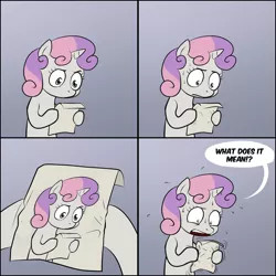 Size: 1280x1280 | Tagged: safe, artist:lemondevil, derpibooru import, edit, sweetie belle, pony, unicorn, exploitable meme, meme, obligatory pony, paradox, solo, sweetie's note meme