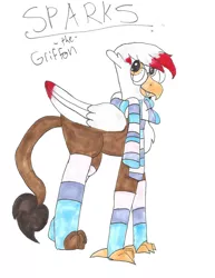 Size: 952x1232 | Tagged: safe, artist:bluepi, derpibooru import, oc, oc:sparks (griffon), unofficial characters only, gryphon, bisexual, bisexual pride flag, copic, griffon oc, pride, pride flag, solo