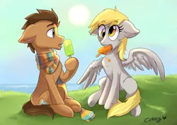 Size: 3508x2480 | Tagged: safe, artist:capncurvy, derpibooru import, derpy hooves, doctor whooves, time turner, earth pony, pegasus, pony, clothes, doctorderpy, female, food, fourth doctor's scarf, male, mare, popsicle, scarf, shipping, sitting, stallion, straight