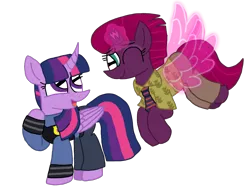 Size: 1440x1080 | Tagged: safe, artist:徐詩珮, derpibooru import, fizzlepop berrytwist, tempest shadow, twilight sparkle, twilight sparkle (alicorn), alicorn, unicorn, artificial wings, augmented, broken horn, clothes, cosplay, costume, crossover, female, horn, judy hopps, lesbian, magic, magic wings, mare, nick wilde, shipping, simple background, tempestlight, transparent background, wings, zootopia