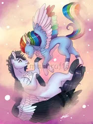 Size: 900x1200 | Tagged: safe, artist:malinraf1615, derpibooru import, rainbow dash, soarin', pegasus, pony, alternate design, chest fluff, cloud, colored wings, cute, dashabetes, eye contact, female, flying, looking at each other, male, mare, missing cutie mark, multicolored wings, pale belly, rainbow wings, shipping, soarinbetes, soarindash, stallion, straight, tongue out, watermark, wings