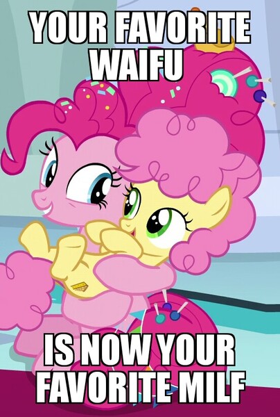 Size: 552x820 | Tagged: safe, derpibooru import, edit, edited screencap, screencap, li'l cheese, pinkie pie, earth pony, pony, the last problem, candy, cropped, female, filly, foal, food, mama pinkie, meme, milf, mother, older, older pinkie pie, text, waifu