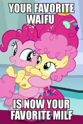 Size: 552x820 | Tagged: safe, derpibooru import, edit, edited screencap, screencap, li'l cheese, pinkie pie, earth pony, pony, the last problem, candy, cropped, female, filly, foal, food, mama pinkie, meme, milf, mother, older, older pinkie pie, text, waifu