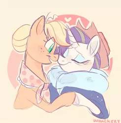 Size: 1552x1579 | Tagged: safe, artist:waackery, derpibooru import, applejack, rarity, earth pony, pony, unicorn, the last problem, accessory swap, applejack's hat, boop, cowboy hat, eyes closed, female, granny smith's scarf, hair bun, hat, heart, holding hooves, lesbian, mare, noseboop, older, older applejack, older rarity, rarijack, shipping, smiling