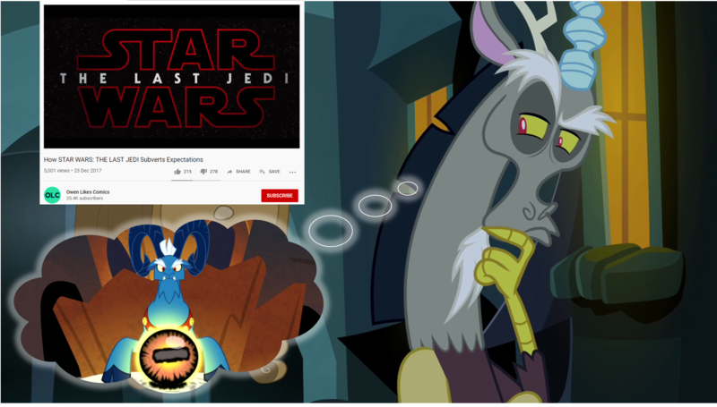 Size: 2002x1139 | Tagged: caption, crystal ball, derpibooru import, discord, discord drama, drama, edit, edited screencap, grogar, grogar's orb, idea, image macro, safe, screencap, star wars, star wars: the last jedi, subverting expectations, text, the ending of the end, thinking, thought bubble, twilight's kingdom, youtube