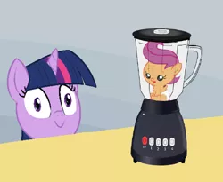 Size: 500x410 | Tagged: grimdark, derpibooru import, scootaloo, twilight sparkle, pony, abuse, baby, baby pony, blender (object), exploitable meme, foal abuse, meme, pony as food, scootabuse, spill, spilled milk, will it blend