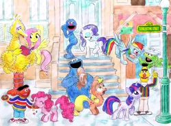 Size: 771x569 | Tagged: applejack, applejack's hat, argument, artist:hirake! pony key, bert, big bird, book, cobblestone street, cookie monster, cowboy hat, crossover, derpibooru import, ernie, fluttershy, grover, hat, jelly beans, jellybeans, lamppost, my little pony meets sesame street, oscar the grouch, pinkie pie, rainbow dash, rarity, reading, safe, sesame street, sharing, street sign, twilight sparkle