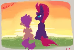 Size: 1703x1151 | Tagged: safe, artist:ch0c0butt, derpibooru import, scootaloo, tempest shadow, pegasus, pony, unicorn, broken horn, female, filly, horn, mare, scootaloo can't fly