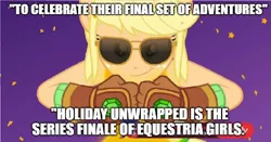 Size: 1854x974 | Tagged: safe, derpibooru import, edit, edited screencap, screencap, applejack, equestria girls, equestria girls series, holidays unwrapped, spoiler:eqg series (season 2), 2019, caption, clothes, end of an era, end of g4, end of ponies, farewell, gloves, image macro, pony history, series finale, solo, sunglasses, text, the end is neigh, the end of equestria girls