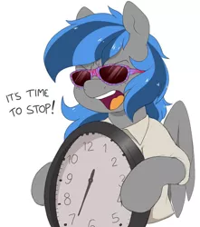 Size: 862x974 | Tagged: safe, artist:littlebibbo, derpibooru import, oc, oc:bibbo, unofficial characters only, pegasus, pony, clock, clothes, female, filthy frank, holding, it's time to stop, mare, meme, open mouth, parody, simple background, solo, sunglasses, text, white background