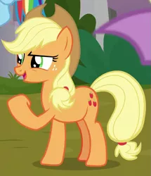 Size: 535x623 | Tagged: safe, derpibooru import, screencap, applejack, spike, earth pony, pony, the ending of the end, applejack's hat, clenched fist, cowboy hat, cropped, female, hat, mare, narrowed eyes, raised hoof, solo focus, talking