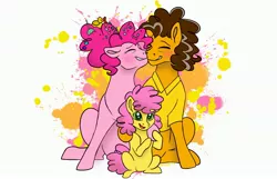 Size: 3375x2173 | Tagged: safe, artist:bellbell123, derpibooru import, cheese sandwich, li'l cheese, pinkie pie, pony, the last problem, abstract background, cheesepie, eyes closed, family, female, filly, male, nuzzling, older, older cheese sandwich, older pinkie pie, shipping, sitting, smiling, straight