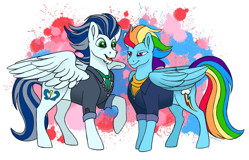 Size: 3375x2173 | Tagged: safe, artist:bellbell123, derpibooru import, rainbow dash, soarin', pony, the last problem, abstract background, cute, dashabetes, duo, female, looking at each other, male, older, older rainbow dash, older soarin', shipping, smiling, soarinbetes, soarindash, straight