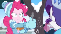 Size: 1164x655 | Tagged: safe, derpibooru import, screencap, pinkie pie, rarity, equestria girls, equestria girls series, holidays unwrapped, spoiler:eqg series (season 2), female, food, fork, plusplus, souffle, tree