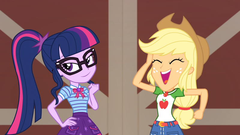 Size: 1164x655 | Tagged: safe, derpibooru import, screencap, applejack, sci-twi, twilight sparkle, equestria girls, equestria girls series, holidays unwrapped, spoiler:eqg series (season 2), female, geode of telekinesis, glasses, laughing, magical geodes, plusplus, ponytail, smiling, smug