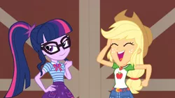 Size: 1164x655 | Tagged: safe, derpibooru import, screencap, applejack, sci-twi, twilight sparkle, equestria girls, equestria girls series, holidays unwrapped, spoiler:eqg series (season 2), female, geode of telekinesis, glasses, laughing, magical geodes, plusplus, ponytail, smiling, smug