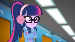 Size: 1164x655 | Tagged: safe, derpibooru import, screencap, sci-twi, twilight sparkle, equestria girls, equestria girls series, holidays unwrapped, spoiler:eqg series (season 2), clothes, earmuffs, female, geode of telekinesis, glasses, lip bite, magical geodes, ponytail, scarf, self-storage facility, smiling, smug, solo, winter outfit