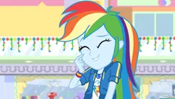 Size: 1164x655 | Tagged: safe, derpibooru import, screencap, rainbow dash, equestria girls, equestria girls series, holidays unwrapped, spoiler:eqg series (season 2), awkward, awkward smile, cute, dashabetes, geode of super speed, magical geodes, plusplus