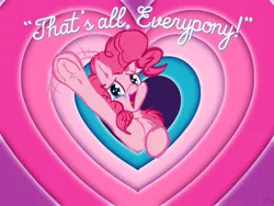 Size: 1408x1056 | Tagged: safe, artist:frist44, derpibooru import, pinkie pie, earth pony, pony, armpits, chest fluff, crossover, crying, end of ponies, female, frog (hoof), goodbye, heart, hoofbutt, looney tunes, parody, smiling, solo, that's all folks, underhoof, warner brothers