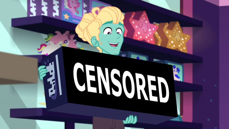 Size: 1164x655 | Tagged: safe, derpibooru import, edit, screencap, zephyr breeze, equestria girls, equestria girls series, holidays unwrapped, spoiler:eqg series (season 2), caption, censor bar, censored, clothes, dashing through the mall, image macro, male, pants, plusplus, smiling, text, toy