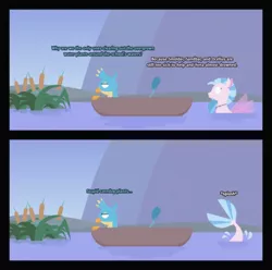 Size: 3676x3651 | Tagged: safe, artist:gd_inuk, derpibooru import, gallus, silverstream, gryphon, seapony (g4), 2 panel comic, blank eyes, boat, cattails, comic, dialogue, duo, empty eyes, female, gallus is not amused, implied ocellus, implied sandbar, implied smolder, implied yona, inktober, inktober 2019, lineless, male, no mouth, no pupils, plant, seapony silverstream, splash, stylized, swimming, unamused, water