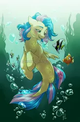 Size: 723x1105 | Tagged: artist:hazurasinner, derpibooru import, fish, magical lesbian spawn, merpony, oc, oc:harmony (hazurasinner), offspring, parent:fluttershy, parent:rainbow dash, parents:flutterdash, safe, sea pony, species swap, underwater, unofficial characters only, watermark