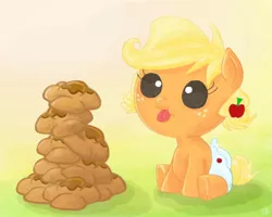 Size: 800x640 | Tagged: safe, artist:ifthemainecoon, derpibooru import, applejack, pony, apple fritter (food), baby, baby pony, babyjack, diaper, foal, food, younger