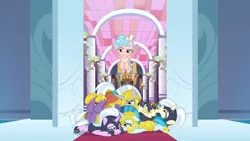 Size: 1366x768 | Tagged: safe, derpibooru import, screencap, cozy glow, guardian angel (character), alicorn, pony, the ending of the end, alicornified, beaten, beaten up, carpet, column, cozycorn, defeated, door, flower, flying, pure concentrated unfiltered evil of the utmost potency, pure unfiltered evil, race swap, royal guard, smug, this will end in pain